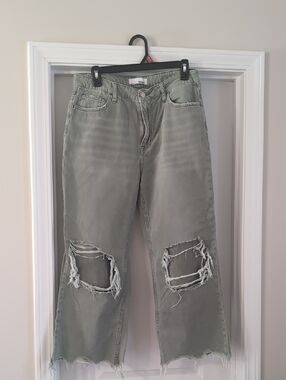 Distressed Olive Green Wide-Leg Jeans